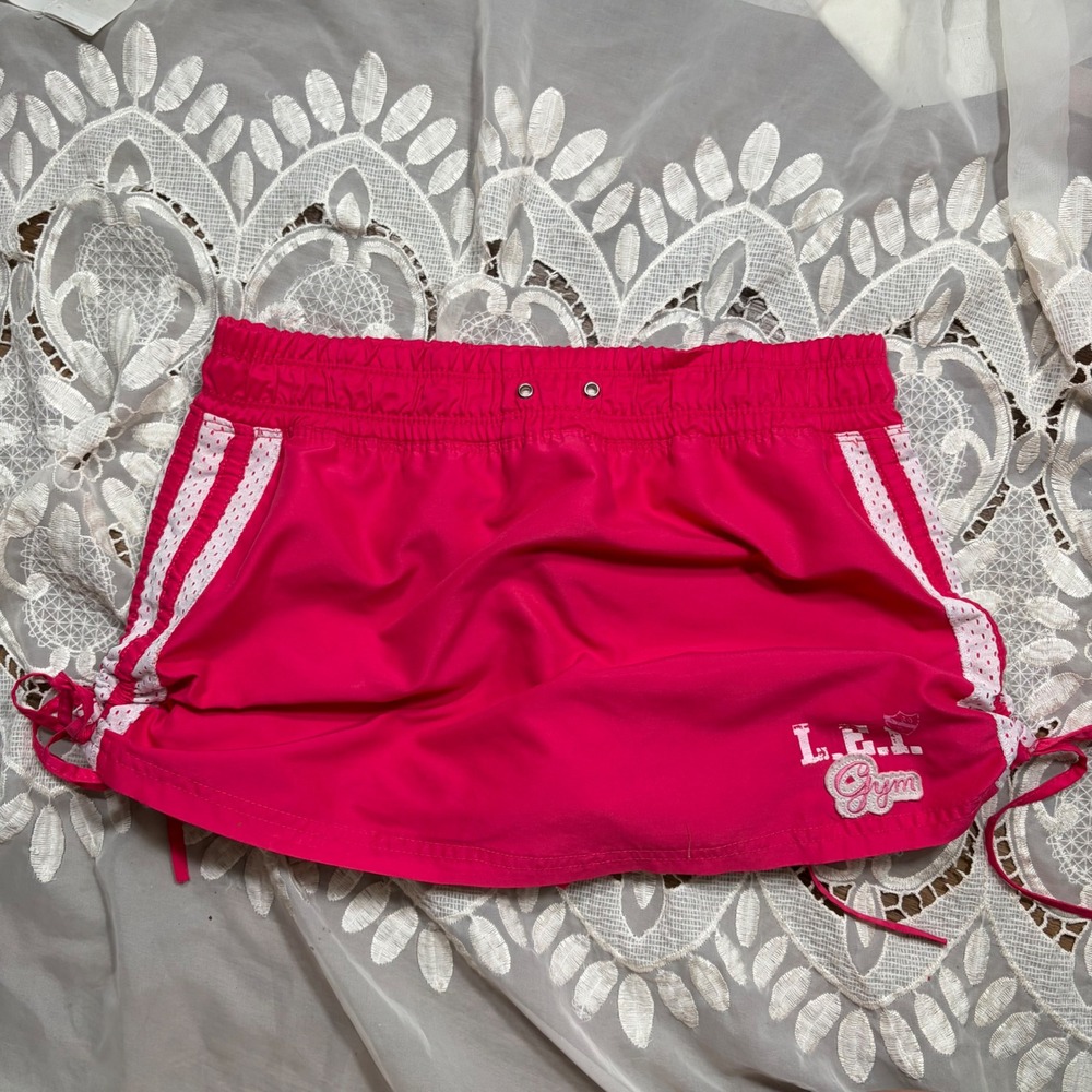 Y2K L.E.I. Gym Hot Pink Athletic Skort White Mesh Stripe Sporty Skirt Large